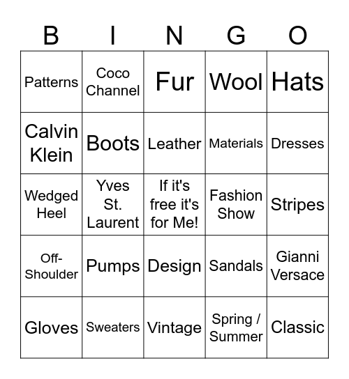 Fashion Bingo Card