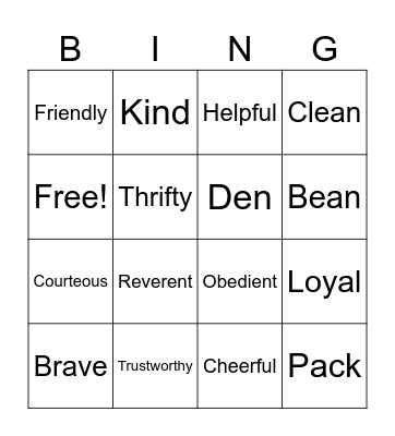 Cub Scout Bingo Card