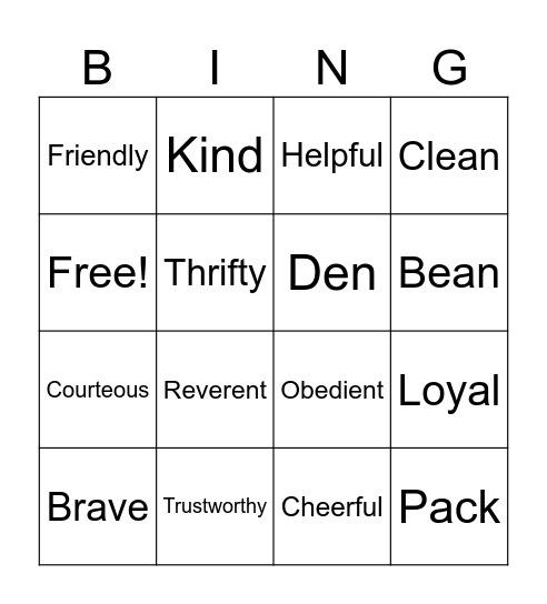 Cub Scout Bingo Card
