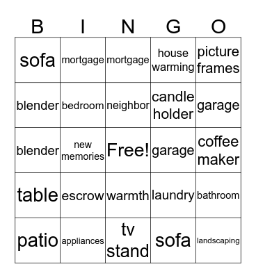 Vicki's Housewarming Bingo Card