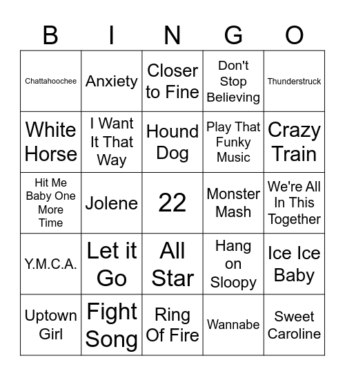 Bradford - Song Bingo Card