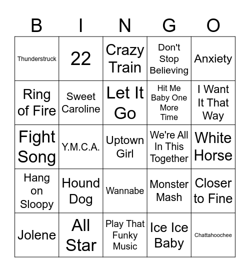 Bradford - Song Bingo Card