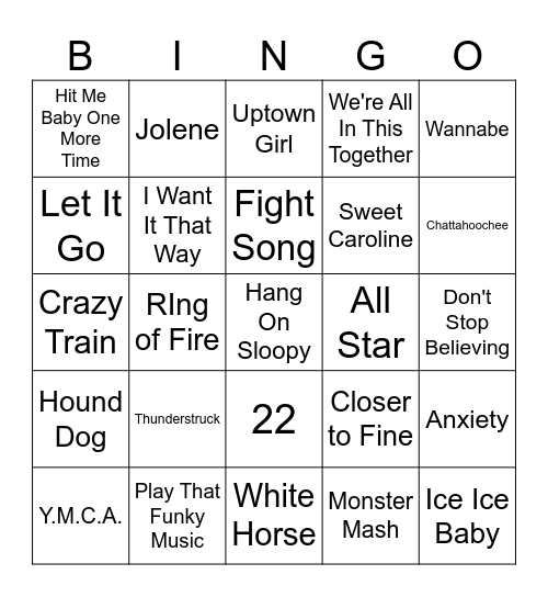 Bradford Song Bingo Card