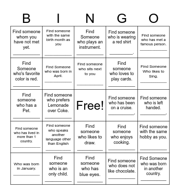 Ice Breaker Bingo Card