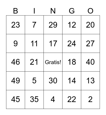 Los numeros~ Bingo Card
