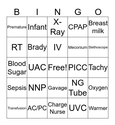 Preemie Party Bingo Card