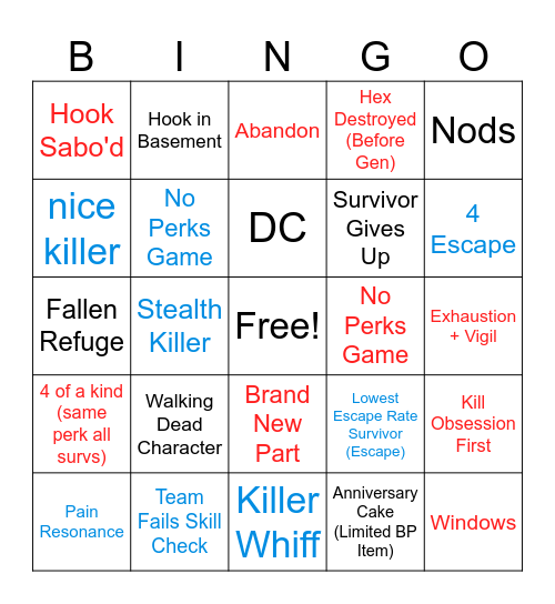 Dead by Daylight Bingo Card
