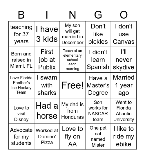All About Your Teacher Bingo Card