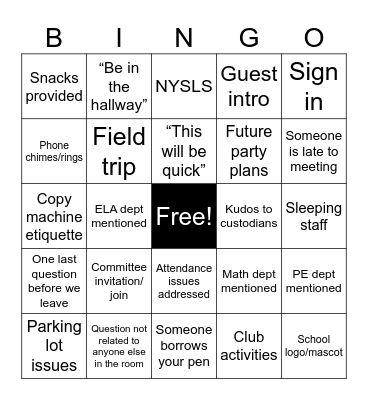 Faculty Meeting Bingo Card