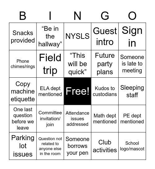 Faculty Meeting Bingo Card