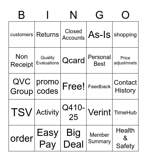 QVC Terms Bingo Card