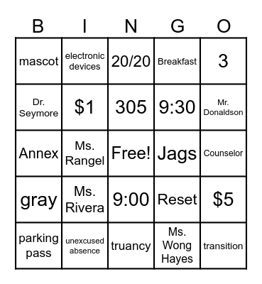 Molina School Procedures Bingo Card