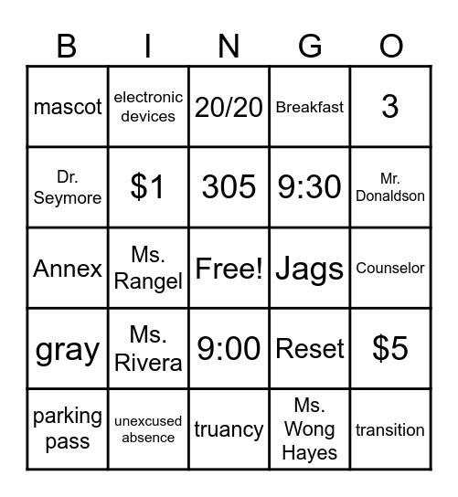 Molina School Procedures Bingo Card