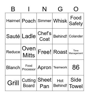 Chef for a Day Bingo Card