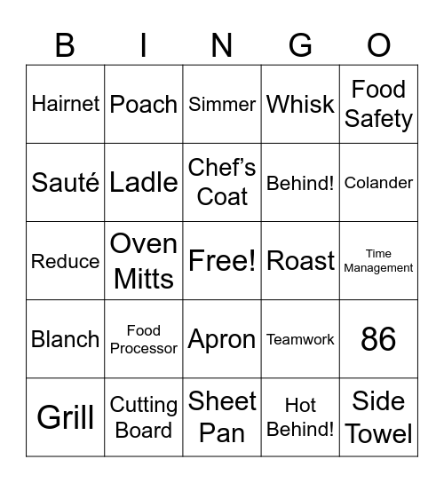 Chef for a Day Bingo Card