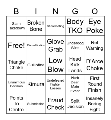 UFC EVENT Bingo Card