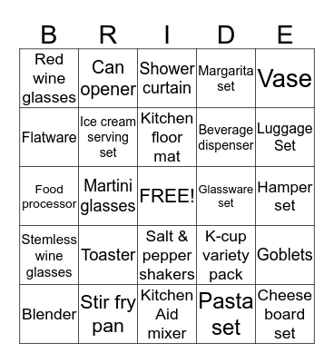 Bridal Shower Bingo Card