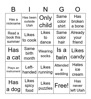 Back to School BINGO Card