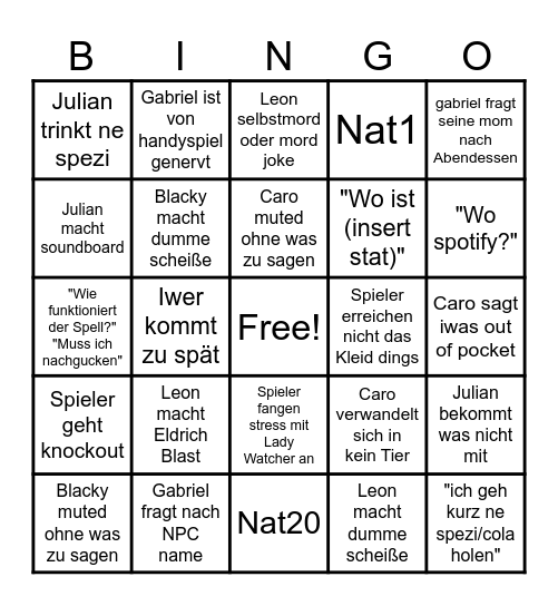 Heutige Session Bingo Card
