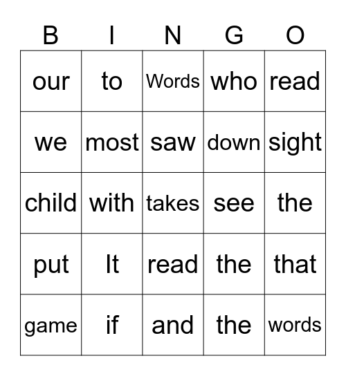 Sight Words Bingo Card