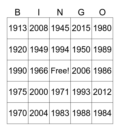 BORN YEAR Bingo Card