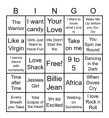 80s HITS Bingo Card
