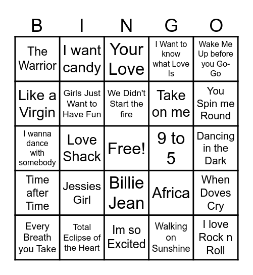 80s HITS Bingo Card