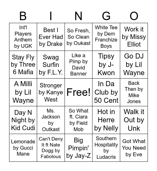 2000's Hip Hop Bingo Card