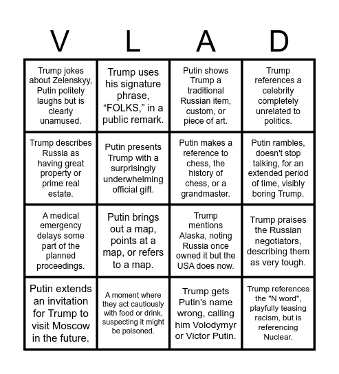 TRUMP - RUSSIA MEETING 2025 Bingo Card