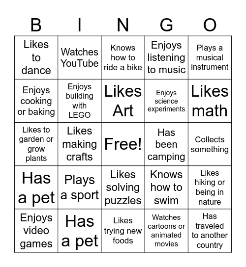 interest Bingo Card