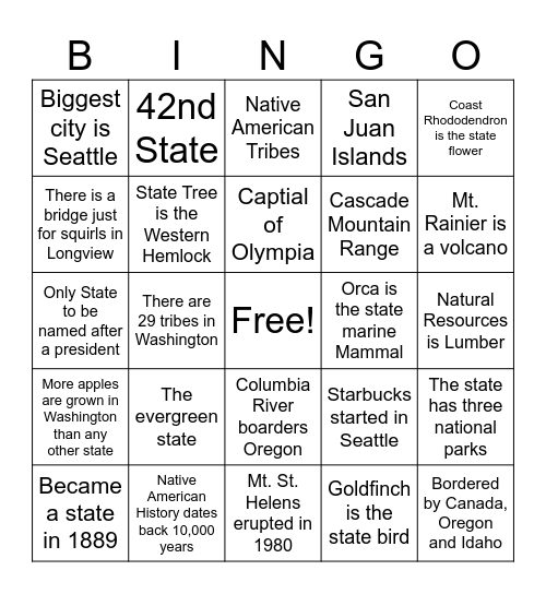 Washington State Bingo Card