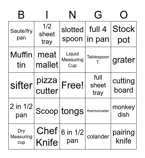 Culinary Items Bingo Card