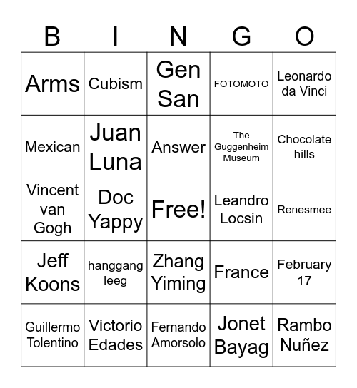 ART BeeNGO Bingo Card