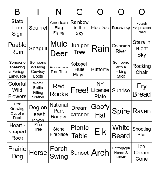 Bryce, Zion & Grand Canyon Sightseeing Bingo Card