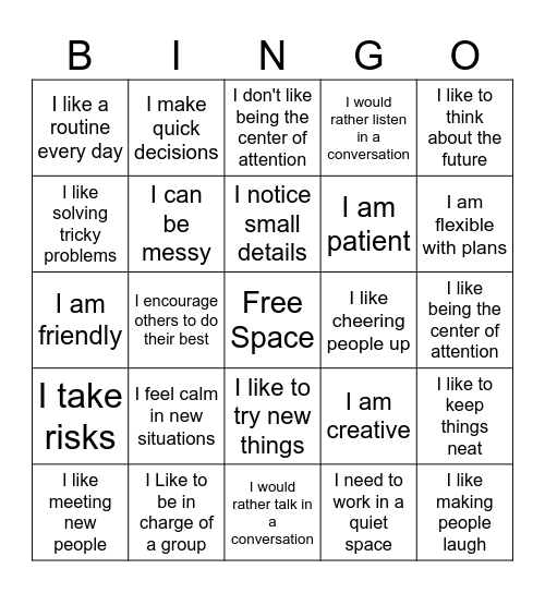 Personality Bingo Card