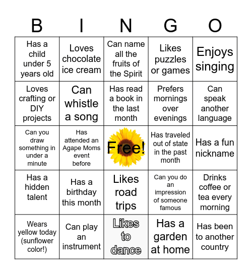 AGAPE MOMS Bingo Card