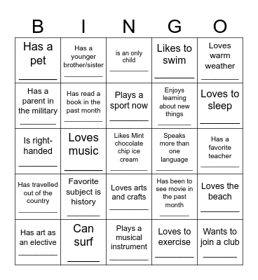 New Student Bingo Card