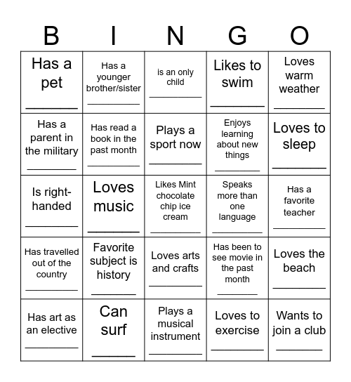 New Student Bingo Card