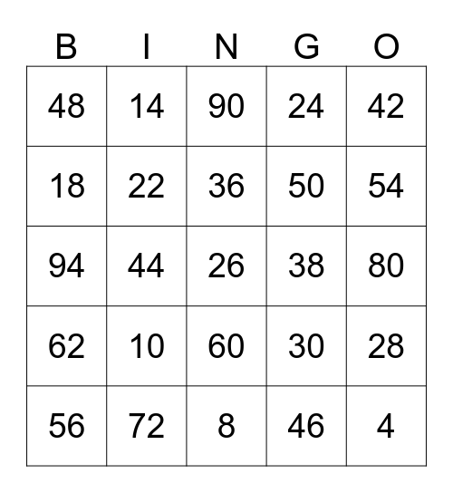 Counting by 2's Bingo Card