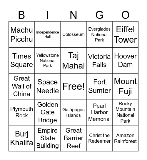 Famous Landmarks and Parks! Bingo Card