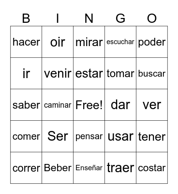 Spanish 1 verbs Bingo Card