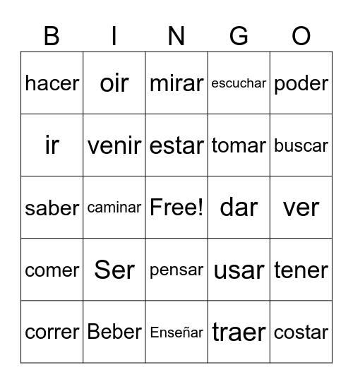 Spanish 1 verbs Bingo Card