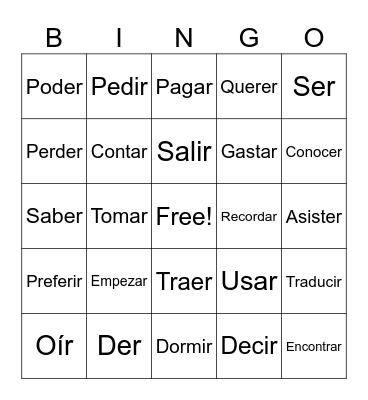 Spanish Verbs Bingo Card