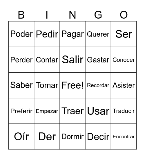 Spanish Verbs Bingo Card