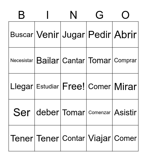 1-2 Verbs Bingo Card