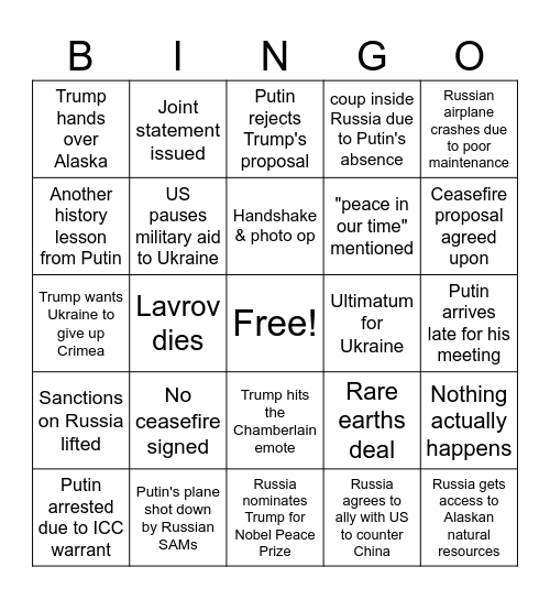 Putin-Trump Alaska meeting predictions Bingo Card