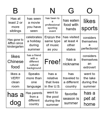 Student Bingo Card