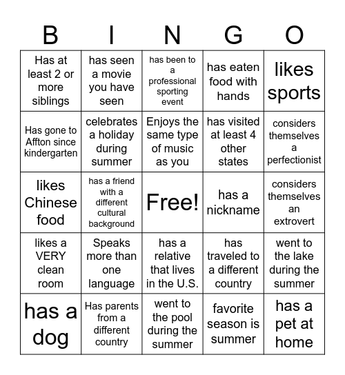 Student Bingo Card