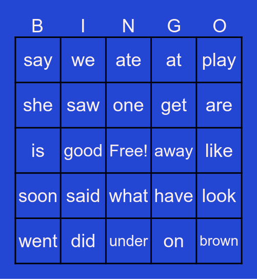 Sight Words Bingo Card