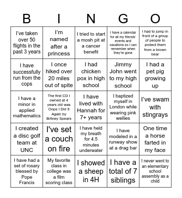 Fun fact bingo Card